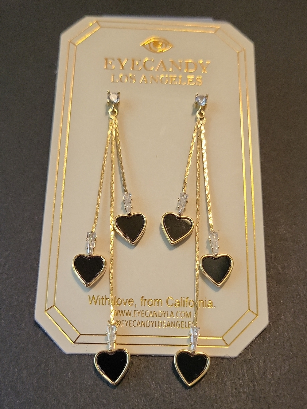 Eye Candy Gold & Black Heart Drop Earrings Brand New Te